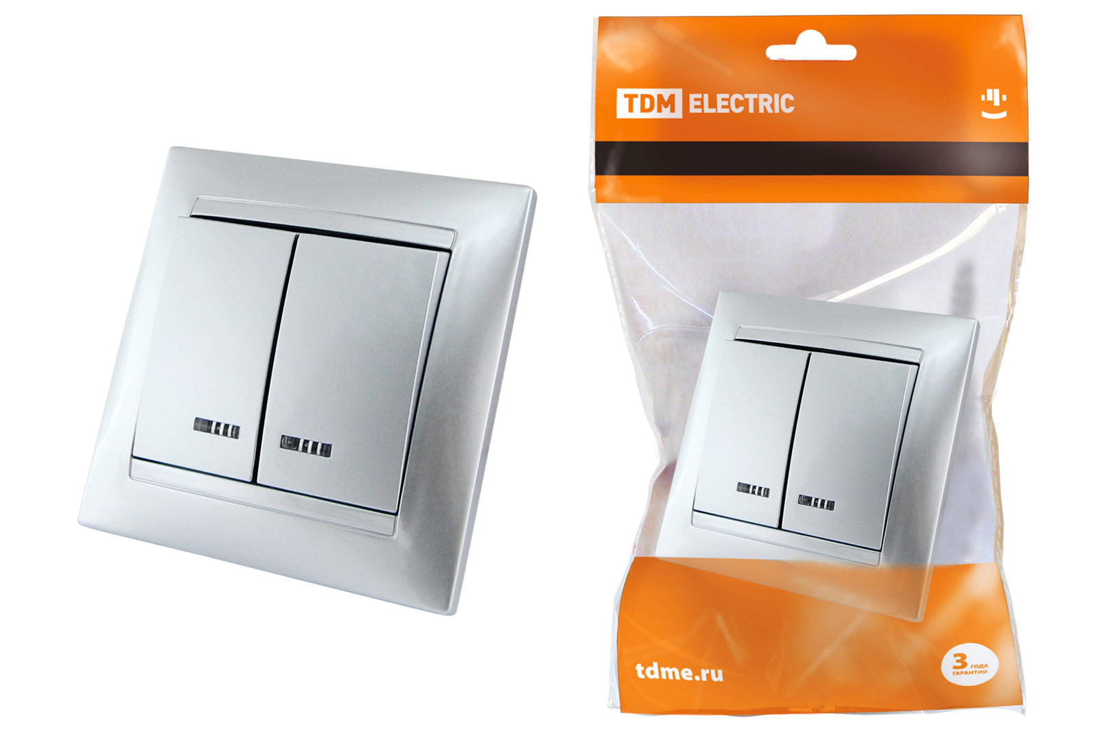 Выключатель 2 кл. с подсветкой 10А серебр. металлик Лама