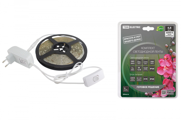 Комплект светодиодной ленты SMD2835-60 LED/м-12 В-4,8 Вт/м-IP20-6000 К (5 м), 24 Вт TDM Комплект светодиодной ленты SMD2835-60 LED/м-12 В-4,8 Вт/м-IP20-6000 К (5 м), 24 Вт TDM