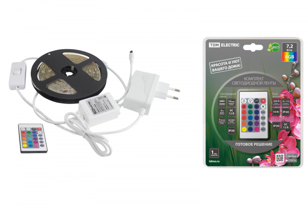 Комплект светодиодной ленты SMD5050-30 LED/м-12 В-7,2 Вт/м-IP20-RGB (3 м), 18 Вт, IR-контроллер TDM Комплект светодиодной ленты SMD5050-30 LED/м-12 В-7,2 Вт/м-IP20-RGB (3 м), 18 Вт, IR-контроллер TDM